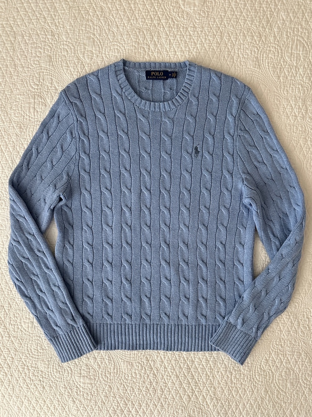 Polo Ralph Lauren 100% Cotton Cable Knit Crewneck Sweater Light Blue Sz M